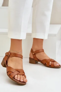 Skórzane Sandały Na Delikatnym Obcasie Zazoo 40372 Brązowe