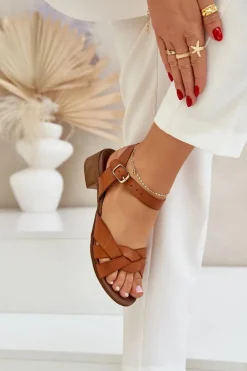 Skórzane Sandały Na Delikatnym Obcasie Zazoo 40372 Brązowe