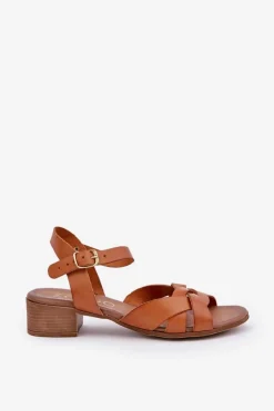 Skórzane Sandały Na Delikatnym Obcasie Zazoo 40372 Brązowe