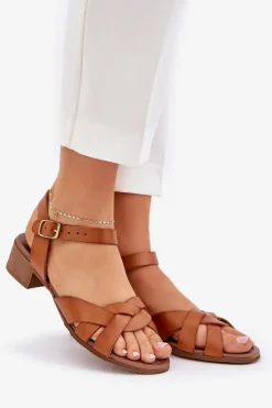 Skórzane Sandały Na Delikatnym Obcasie Zazoo 40372 Brązowe