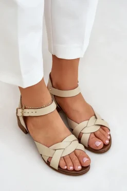 Skórzane Sandały Na Delikatnym Obcasie Zazoo 40372 Jasnobeżowe