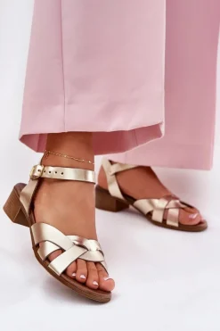 Skórzane Sandały Na Delikatnym Obcasie Zazoo 40372 Złote