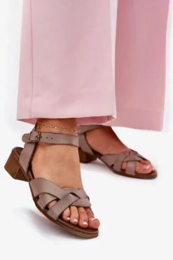 Skórzane Sandały Na Delikatnym Obcasie Zazoo 40372 Ciemnobeżowe