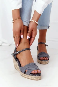 Skórzane Sandały Na Koturnie Big Star HH274378 Srebrne