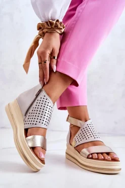 Skórzane Sandały Na Koturnie Maciejka 05356-25 Beżowo-Złote