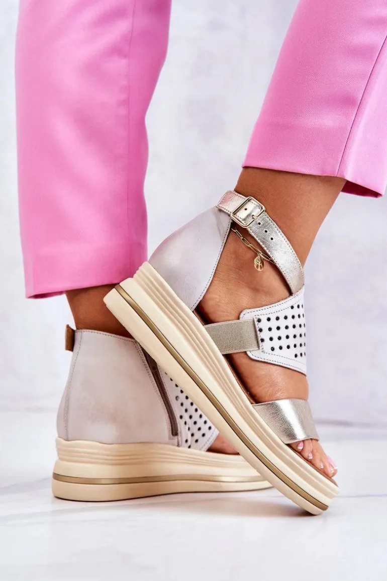 Skórzane Sandały Na Koturnie Maciejka 05356-25 Beżowo-Złote