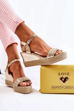 Skórzane Sandały Na Koturnie Złote Gabriela