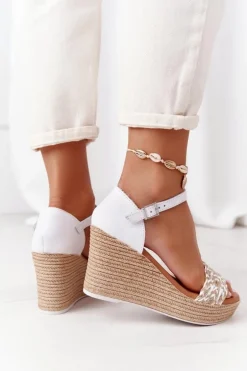 Skórzane Sandały Na Koturnie Maciejka L4869-11 Białe