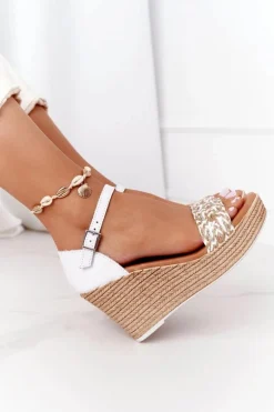 Skórzane Sandały Na Koturnie Maciejka L4869-11 Białe
