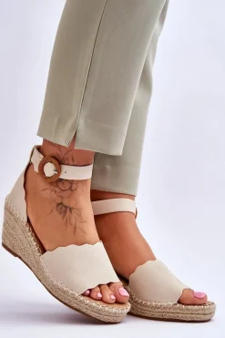 Skórzane Sandały Na Koturnie Comfort Shoe Beżowe Verola