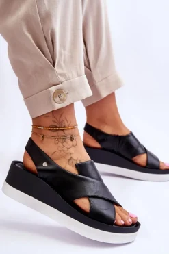 Skórzane Sandały Na Koturnie Czarne Morgan