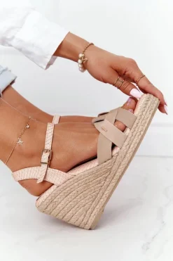 Skórzane Sandały Na Koturnie Big Star HH274380 Beżowe