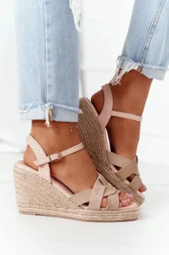 Skórzane Sandały Na Koturnie Big Star HH274380 Beżowe