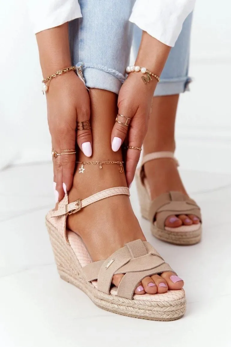 Skórzane Sandały Na Koturnie Big Star HH274380 Beżowe