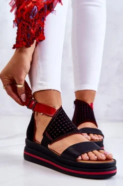 Skórzane Sandały Na Koturnie Maciejka 05356-01 Czarno-Czerwone