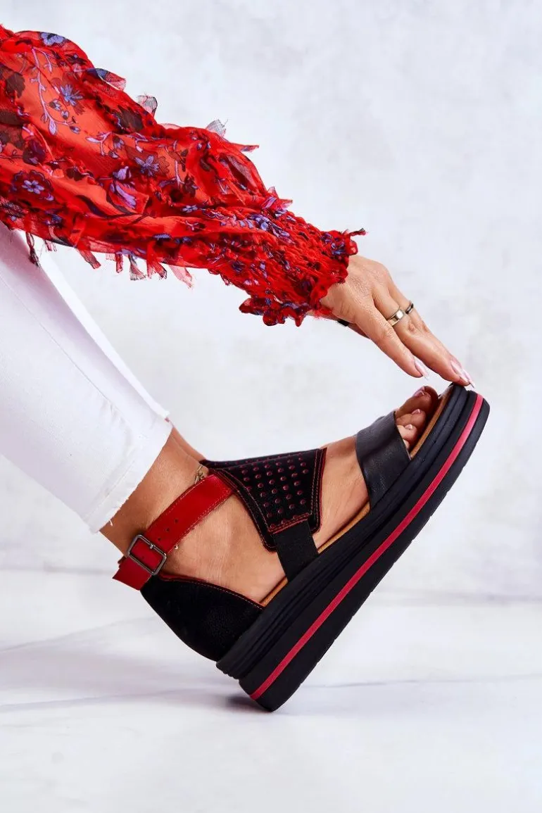 Skórzane Sandały Na Koturnie Maciejka 05356-01 Czarno-Czerwone