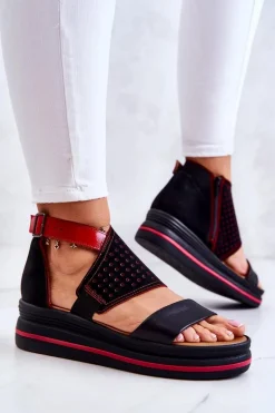 Skórzane Sandały Na Koturnie Maciejka 05356-01 Czarno-Czerwone