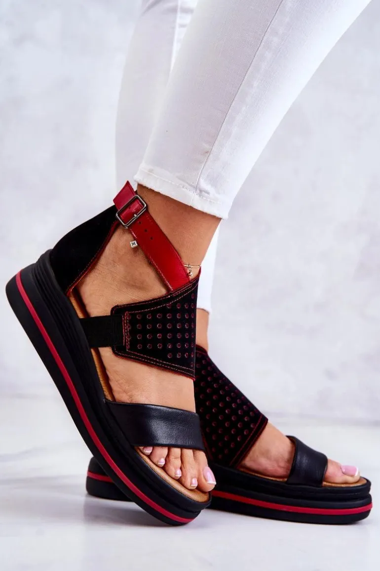 Skórzane Sandały Na Koturnie Maciejka 05356-01 Czarno-Czerwone