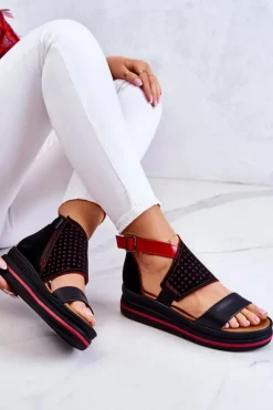 Skórzane Sandały Na Koturnie Maciejka 05356-01 Czarno-Czerwone