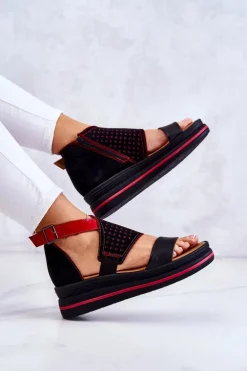 Skórzane Sandały Na Koturnie Maciejka 05356-01 Czarno-Czerwone