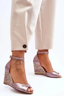 Skórzane Sandały Na Koturnie Laura Messi 2603/783 Srebrne