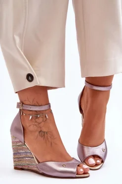 Skórzane Sandały Na Koturnie Laura Messi 2603/783 Srebrne