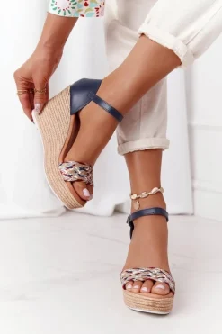 Skórzane Sandały Na Koturnie Maciejka L4869-17 Granatowe