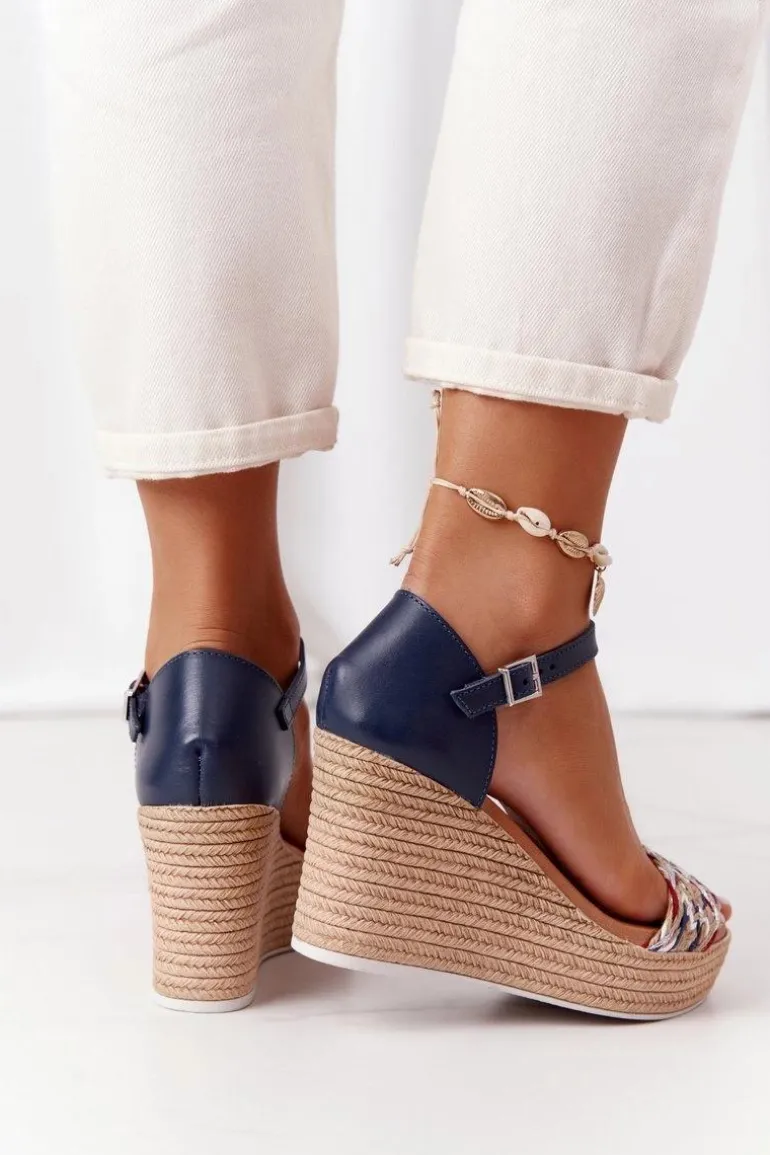 Skórzane Sandały Na Koturnie Maciejka L4869-17 Granatowe