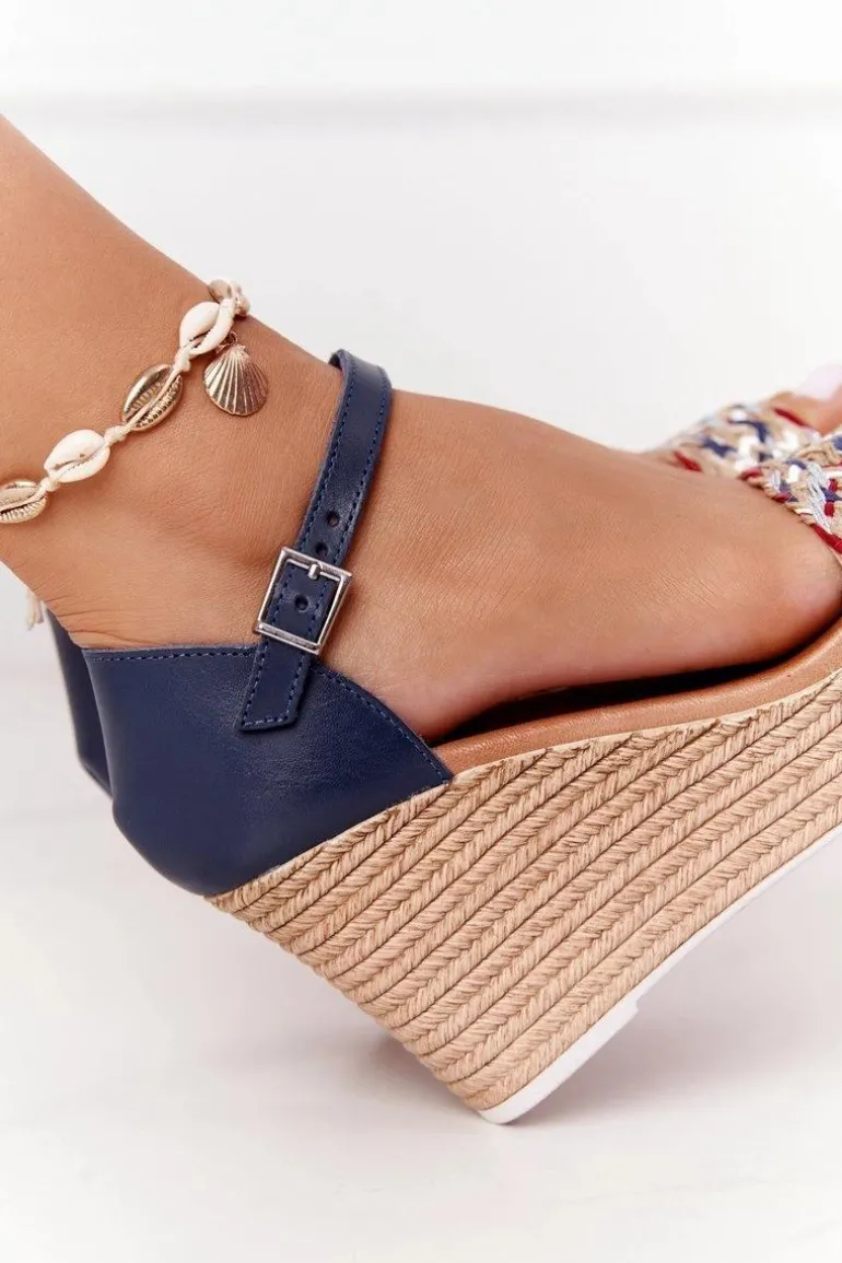 Skórzane Sandały Na Koturnie Maciejka L4869-17 Granatowe