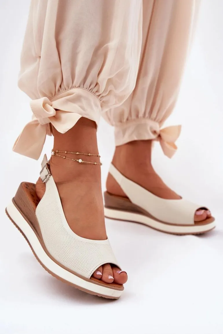 Skórzane Sandały Na Koturnie Artiker 56C2316 Jasnobeżowe