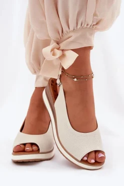 Skórzane Sandały Na Koturnie Artiker 56C2316 Jasnobeżowe