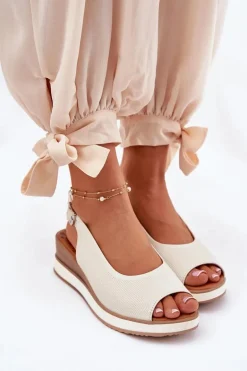 Skórzane Sandały Na Koturnie Artiker 56C2316 Jasnobeżowe