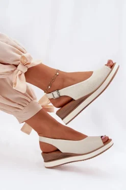 Skórzane Sandały Na Koturnie Artiker 56C2316 Jasnobeżowe