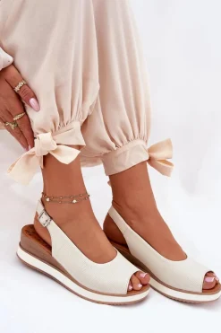 Skórzane Sandały Na Koturnie Artiker 56C2316 Jasnobeżowe