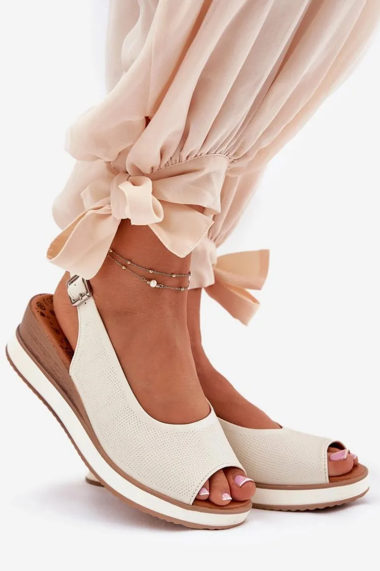 Skórzane Sandały Na Koturnie Artiker 56C2316 Jasnobeżowe