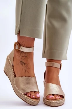 Skórzane Sandały Na Koturnie Comfort Shoe Złote Verola