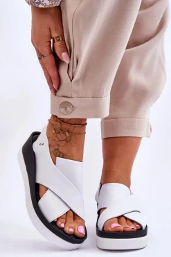 Skórzane Sandały Na Koturnie Białe Morgan