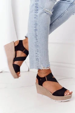 Skórzane Sandały Na Koturnie Big Star FF276016 Czarne