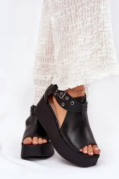 Skórzane Sandały Na Koturnie Zazoo 1732 Czarne