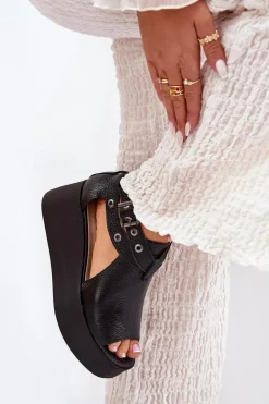 Skórzane Sandały Na Koturnie Zazoo 1732 Czarne