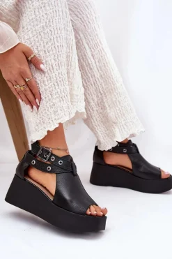 Skórzane Sandały Na Koturnie Zazoo 1732 Czarne