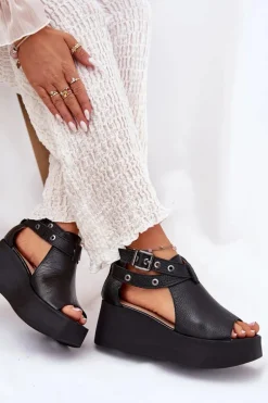 Skórzane Sandały Na Koturnie Zazoo 1732 Czarne