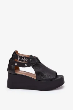 Skórzane Sandały Na Koturnie Zazoo 1732 Czarne