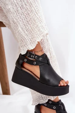 Skórzane Sandały Na Koturnie Zazoo 1732 Czarne