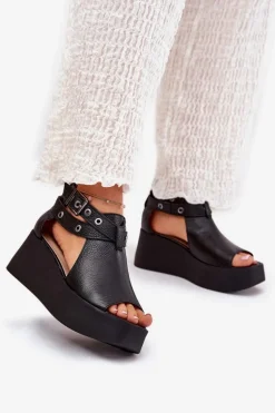 Skórzane Sandały Na Koturnie Zazoo 1732 Czarne