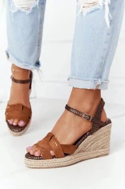 Skórzane Sandały Na Koturnie Big Star HH274377 Brązowe