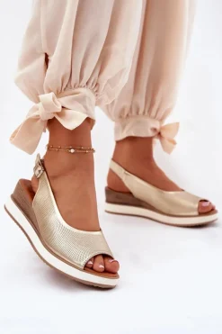 Skórzane Sandały Na Koturnie Artiker 56C2312 Złote