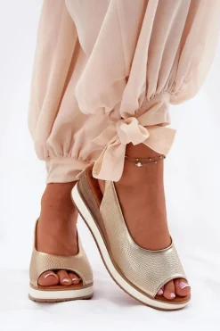 Skórzane Sandały Na Koturnie Artiker 56C2312 Złote