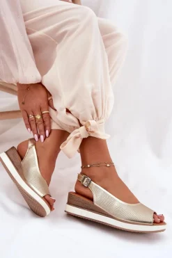 Skórzane Sandały Na Koturnie Artiker 56C2312 Złote