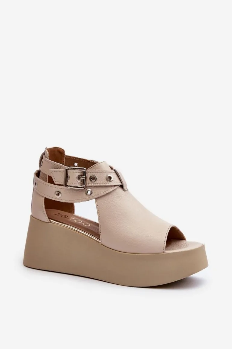 Skórzane Sandały Na Koturnie Beżowe Zazoo 1732